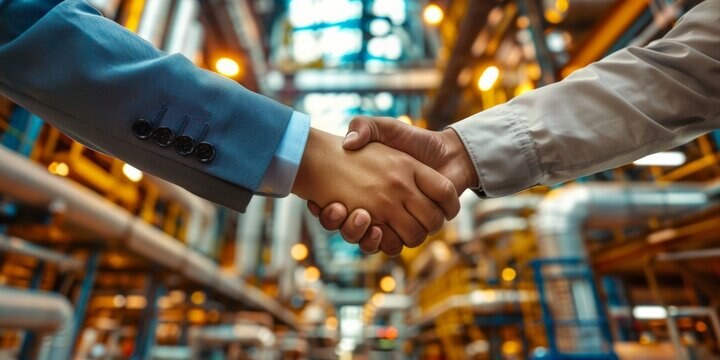 Business handshake in an industrial plant